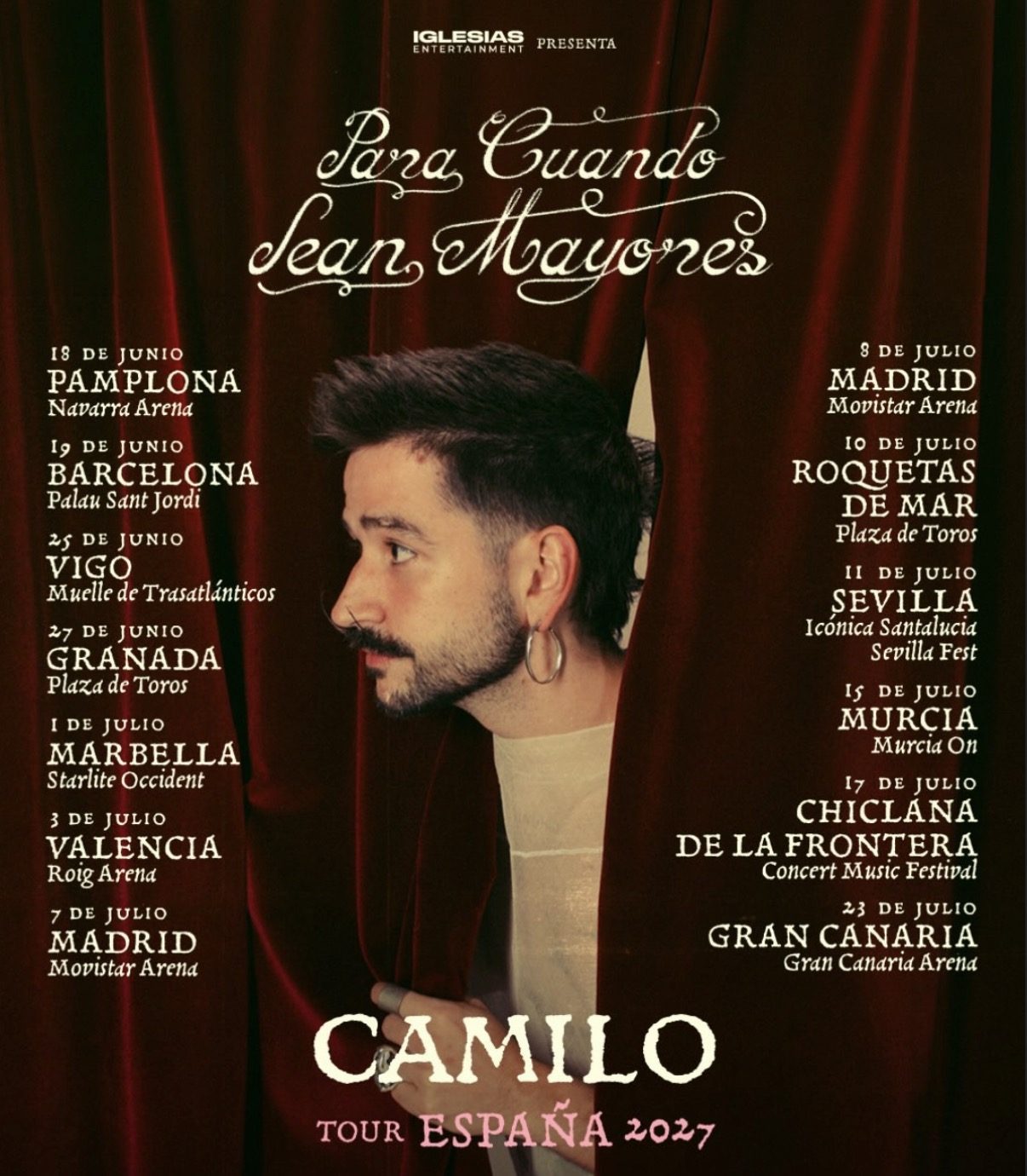 Cartel oficial de la gira de Camilo por España 2027, Para Cuando Sean Mayores Tour, con las 13 fechas